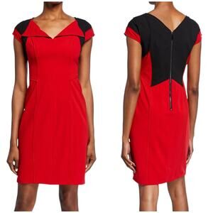 Shani NWT Colorblocking Crepe Sheath Dress Size 10 V-Neck Cap Sleeve Red Black